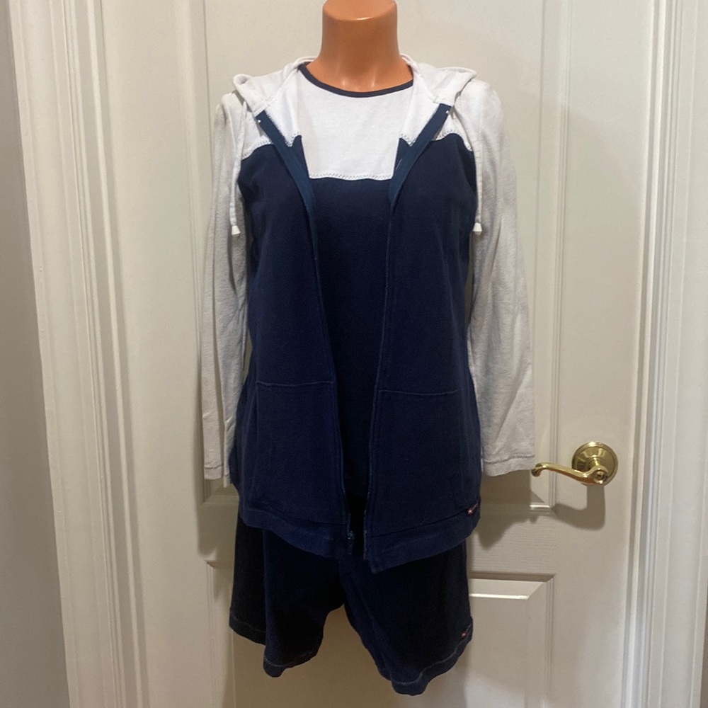 STEENA SPORT Maternity 3p Jacket Tank Short Set White Navy Blue S Small EUC $100